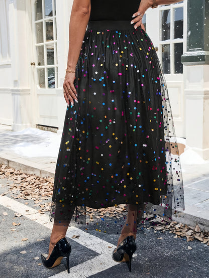 Premium Polka Dot Mesh Pleated Skirt - Versatile Knit Polyester