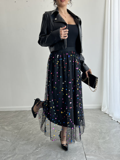 Premium Polka Dot Mesh Pleated Skirt - Versatile Knit Polyester