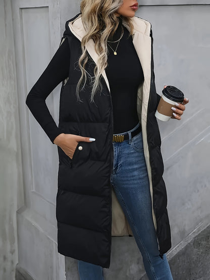 Cozy Puffy Midi Vest – Warm, Sleeveless, Zip-Up with Pockets