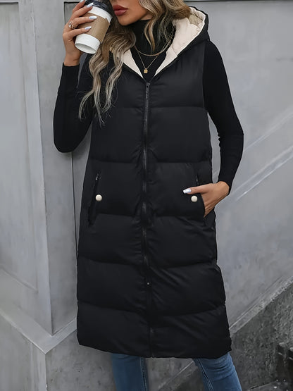 Cozy Puffy Midi Vest – Warm, Sleeveless, Zip-Up with Pockets