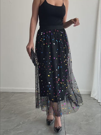 Premium Polka Dot Mesh Pleated Skirt - Versatile Knit Polyester